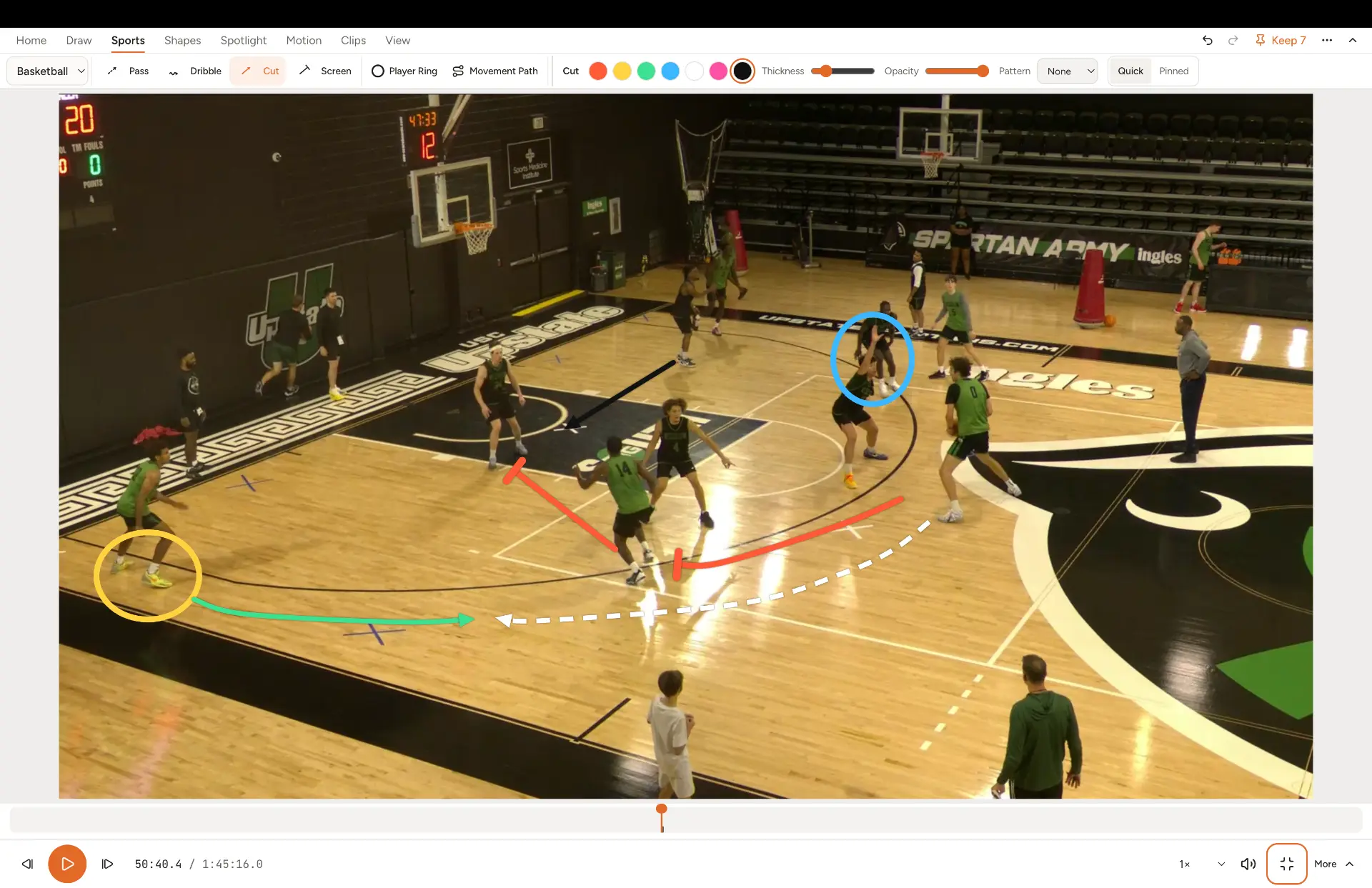 The Film Room editor: basketball game film with telestration drawings, the Sports ribbon, and playback controls.